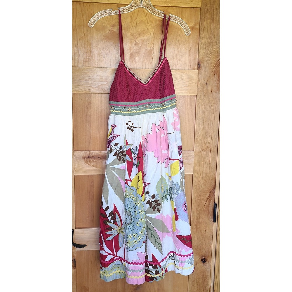 Rene‎ Derhy 100% Cotton Small Y2K Babydoll Midi Dress Tie Back Tropical Beaded